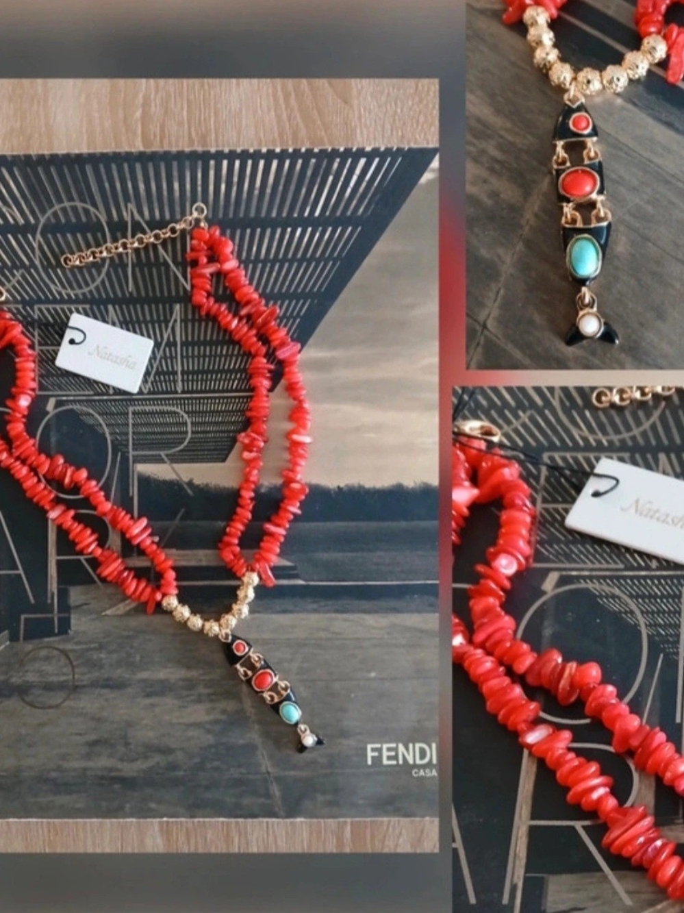 🔥NWT $10 DEAL Natasha Faux Coral With FISH Multi-Stone Pendant Necklace